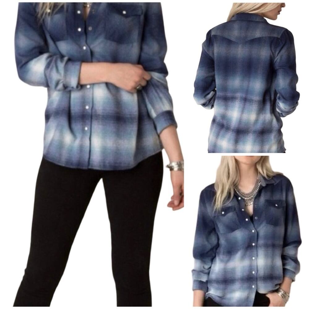 #T106 White Crow Blue Ombré Flannel Shirt SZ L $62
